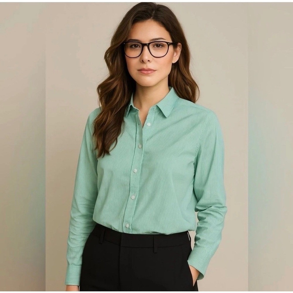 Everlane Womens Pinstripe Button Down Shirt Mint Green White Cotton Size 6 NEW
